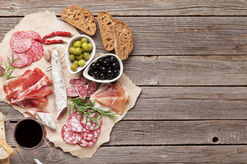 Salami, sausage, prosciutto and wine