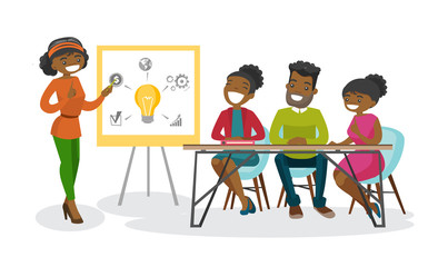 Group of young african-american business people working on a new creative idea. Teamwork, brainstorm, business idea concept. Vector cartoon illustration isolated on white background. Horizontal layout