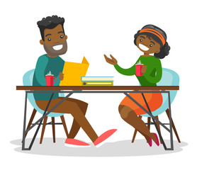 Young african-american office workers chatting and drinking coffee in office. Businesswoman and businessman having a coffee break at work. Vector cartoon illustration isolated on white background.