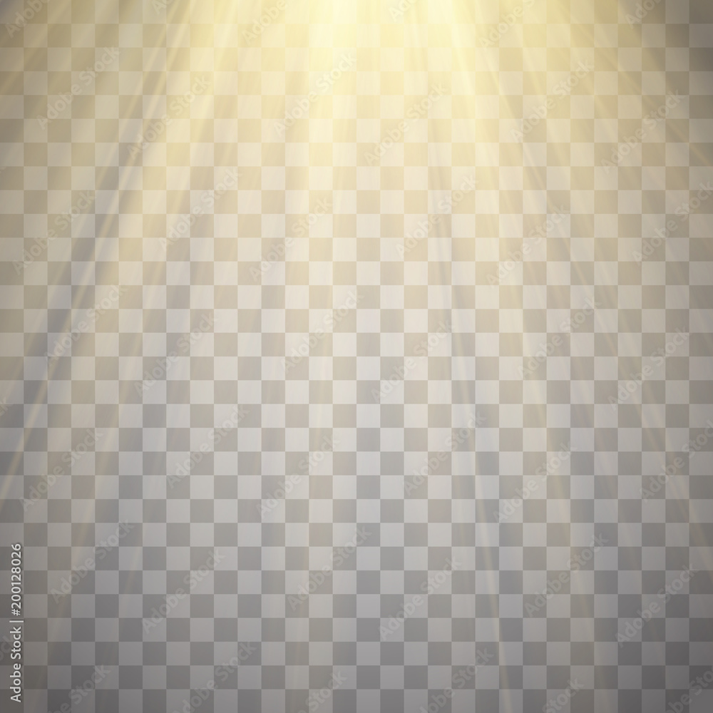 Wall mural rays of light isolated on transparent background. golden spotlight. sun flash. vector illustration