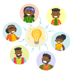 Group of young multicultural businessmen connected by one idea light bulb. Business partners working on new business idea and start up. Vector cartoon illustration isolated on white background.