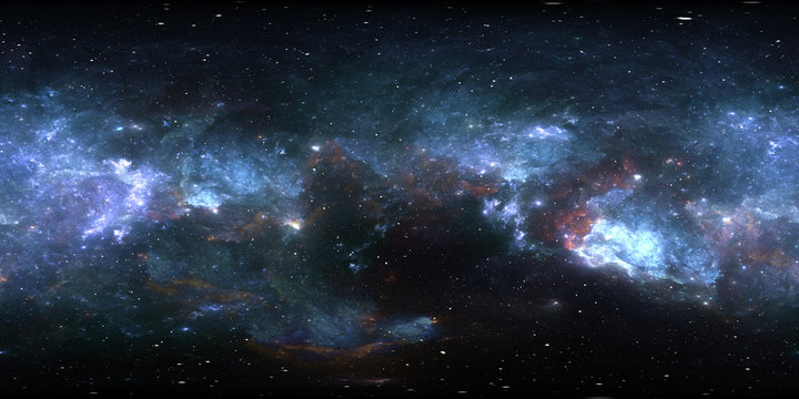 Fototapeta 360 degree space nebula panorama, equirectangular projection, environment map. HDRI spherical panorama. Space background with nebula and stars.
