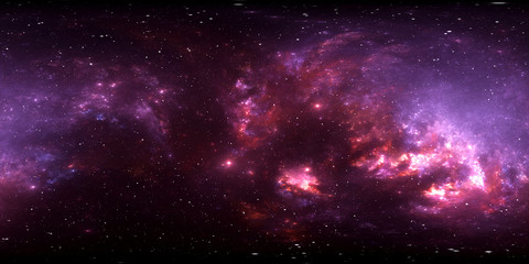 360 degree space nebula panorama, equirectangular projection, environment map. HDRI spherical panorama. Space background with nebula and stars.