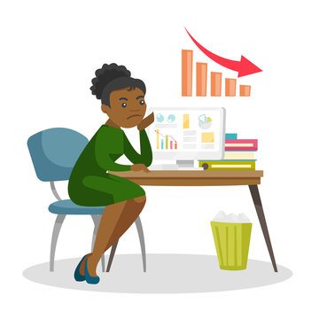 Desperate african-american business woman sitting at workplace with laptop computer with charts going down on a screen. Business fail concept. Vector cartoon illustration isolated on white background.
