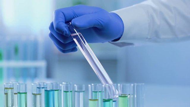 Lab assistant watching test tube with rosy liquid, cosmetic product development