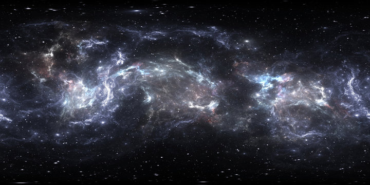Fototapeta 360 degree space panorama, equirectangular projection, environment map. HDRI spherical panorama. Space background with nebula and stars.