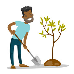 African-american gardener plants a tree with a shovel. Man standing near newly planted tree. Environmental protection and gardening concept. Vector cartoon illustration isolated on white background.
