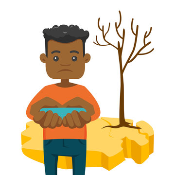 African-american man holding water in hands on the background of dry earth and tree. Concept of drought, climate change and global warming. Vector cartoon illustration isolated on white background.