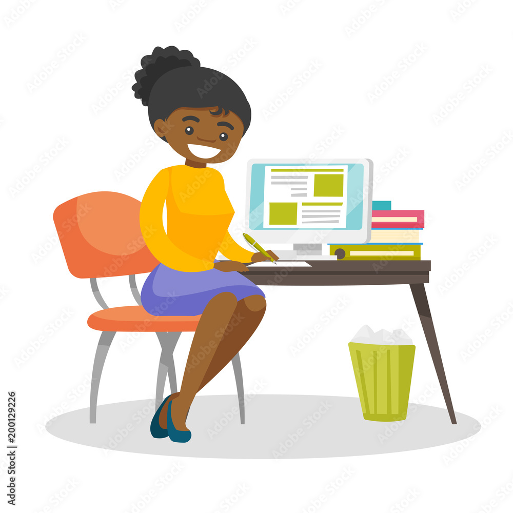 Poster african-american student sitting at the table with a computer and writing an essay. student using a 