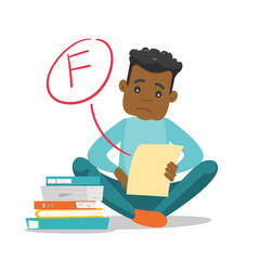 Unhappy african-american student disappointed by test with F grade. Sad student looking at the test paper with bad mark. Education concept. Vector cartoon illustration isolated on white background.