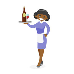 Full length of young happy african-american waitress holding tray with glass and bottle of red wine. Waitress serving customers. Vector cartoon illustration isolated on white background. Square layout