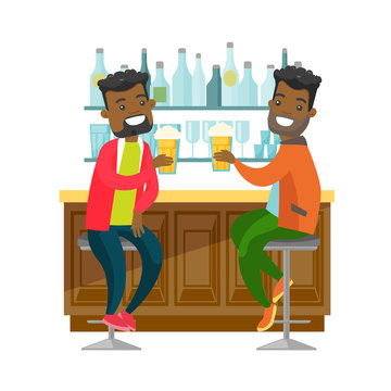 Two young happy african-american men drinking beer at the bar counter and clinking glasses. Cheerful friends relaxing with beer in the pub. Vector cartoon illustration isolated on white background.