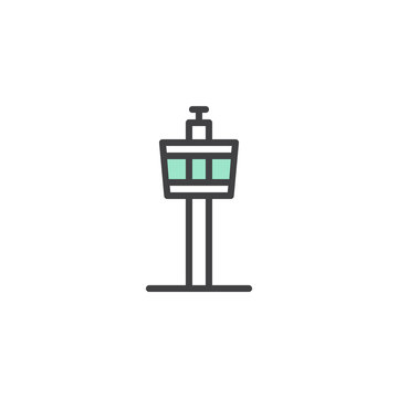 Airport Control Tower Icon Vector, Linear Flat Sign, Bicolor Pictogram, Green And Gray Colors. Air Traffic Control Symbol, Logo Illustration