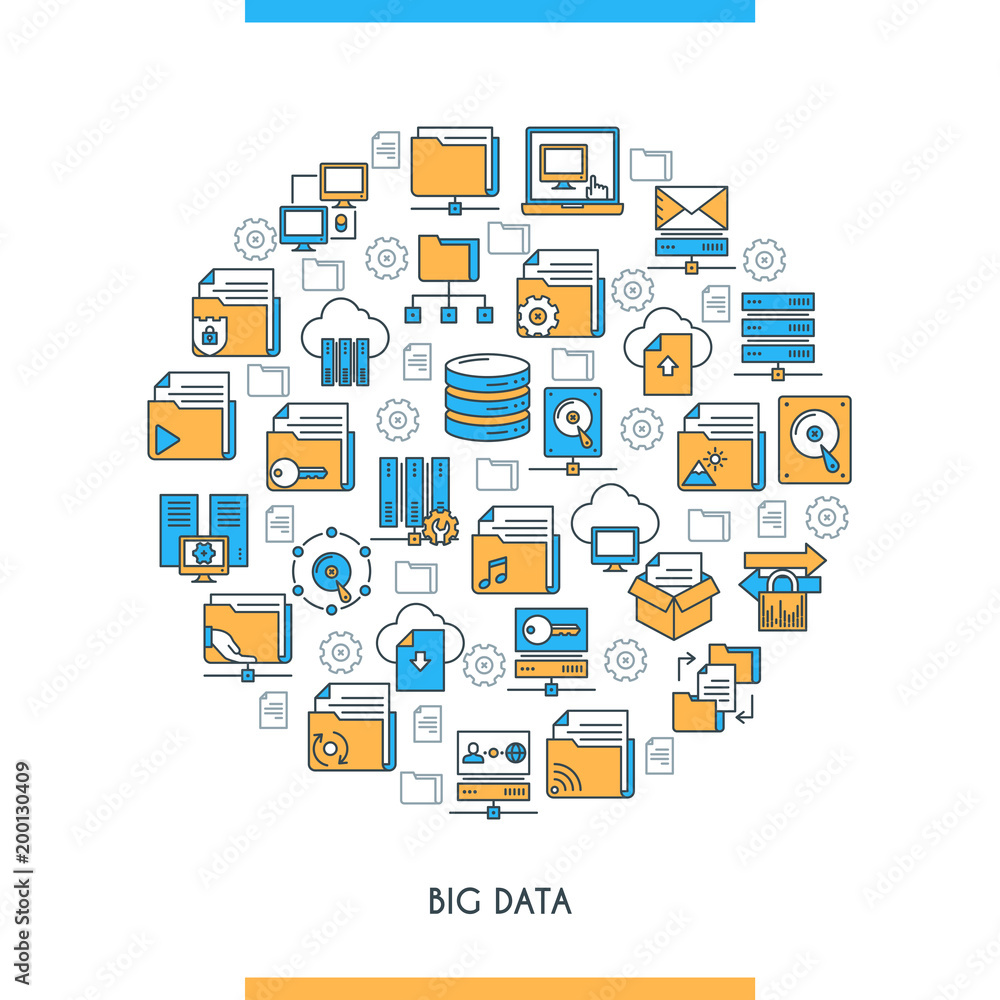 Poster big data technology concept. modern icons on theme storage, analysis, organization, synchronization 
