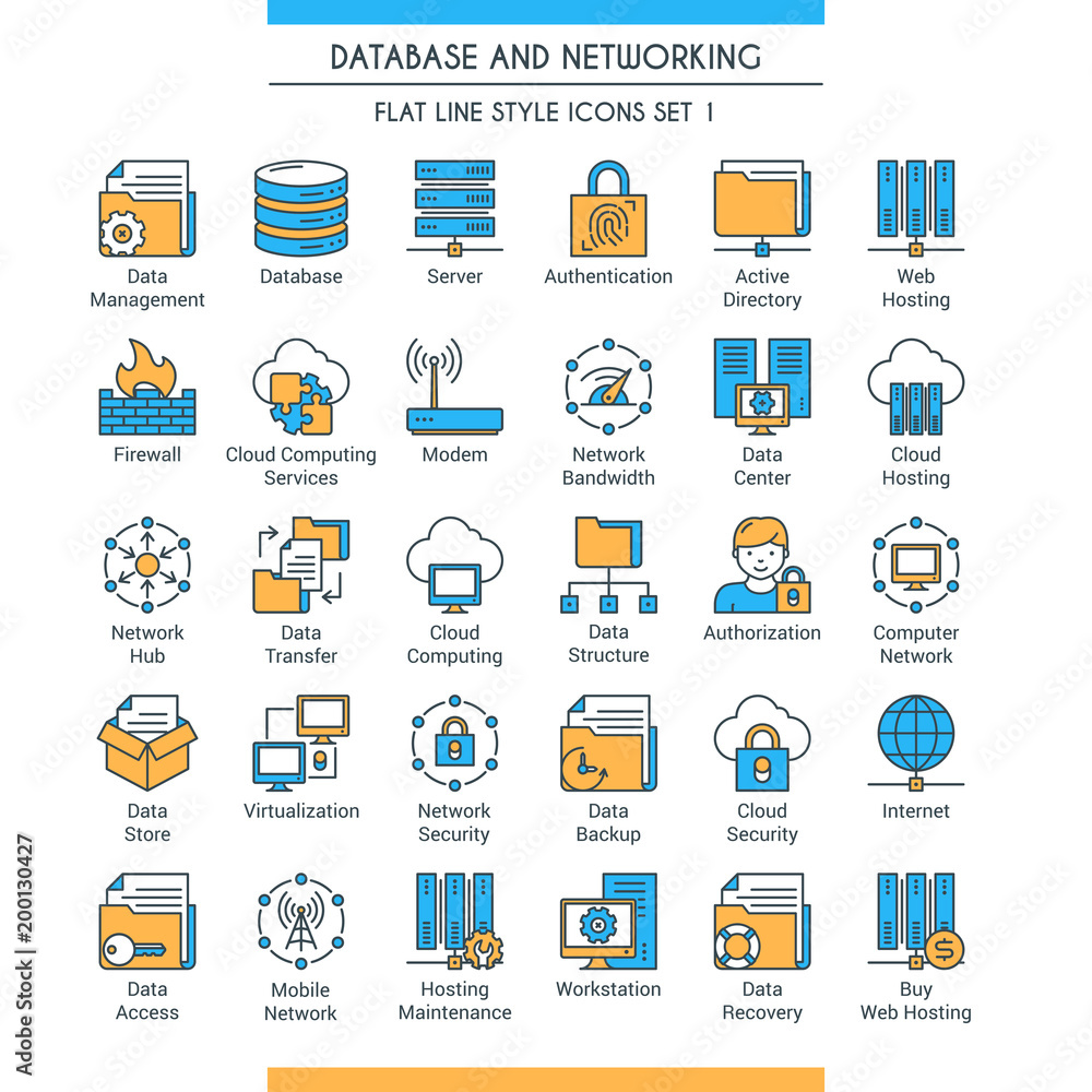 Poster database and networking icons set. modern icons on theme storage, analysis, organization, synchroniz