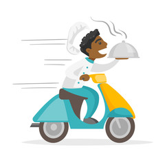 African-american man delivering dish on a scooter. Worker of delivery service driving a motorbike and delivering dish. Food delivery concept. Vector cartoon illustration isolated on white background.