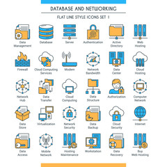 Database and networking icons set. Modern icons on theme storage, analysis, organization, synchronization and data transfer. Flat line design icons collection. Vector illustration