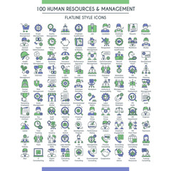 Business management and human resources big icons set. Modern icons on theme business people, analysis, organization, conference and office working. Flat line design icons collection