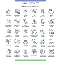 Business management and human resources icons. Modern icons on theme business people, analysis, organization, conference and office working. Thin line design icons collection. Vector illustration