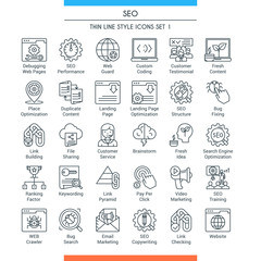 Search Engine Optimisation and Development icons. Modern icons on theme business, analysis, internet, organization, startup and web. Thin line design icons collection. Vector illustration