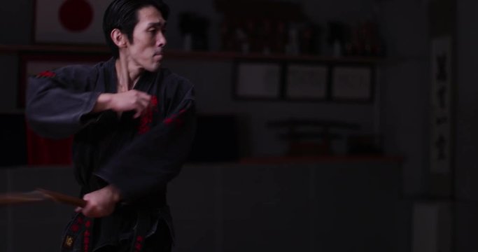 Japanese male practicing Karate in Dojo in Tokyo, Japan
