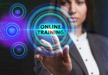 The concept of business, technology, the Internet and the network. A young entrepreneur working on a virtual screen of the future and sees the inscription: Online training