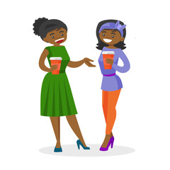 Two young african-american business women drinking coffee. Joyful smiling female colleagues with takeaway coffee talking. Vector cartoon illustration isolated on white background. Square layout.