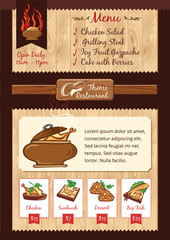 Hot food, barbecue menu template, vector background, wooden texture
