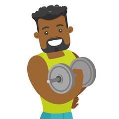 Young african-american strong bodybuilder doing exercises with a heavy weight dumbbell. Muscular sportsman pumping up biceps. Vector cartoon illustration isolated on white background. Square layout.