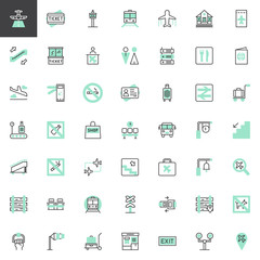 Travel transportation vector icons set, modern linear symbol collection, bicolor style pictogram pack. Signs logo illustration. Set includes icons as train station, ticket office railway, subway