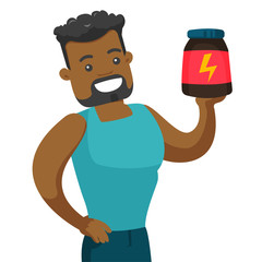 African-american sportsman holding a jar with protein. Young muscular bodybuilder with protein jar. Bodybuilding and sports nutrition concept. Vector cartoon illustration isolated on white background.