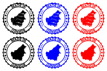 Made in Borneo - rubber stamp - vector, Borneo map pattern - black, blue and red
