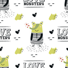 Monstres d& 39 amour - Modèle sans couture de monstres drôles avec lettrage. Illustration vectorielle de couleur enfants dans un style scandinave