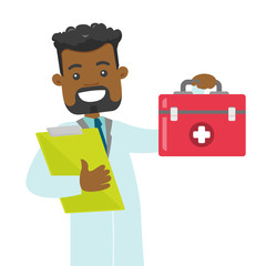 Cheerful african-american doctor in medical gown holding a first aid box and a clipboard. Happy doctor showing a first aid kit. Vector cartoon illustration isolated on white background. Square layout.