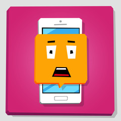 Smartphone 3d isometry flat design vector illustration. Stunned face in notification window on mobile phone screen. Shock emoji. Concept of feedback or chat sticker.