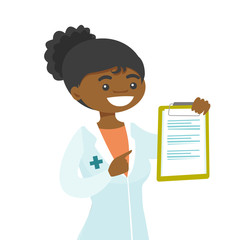 African-american doctor showing a clipboard with patient records. Doctor in medical gown holding a clipboard with prescription. Vector cartoon illustration isolated on white background. Square layout.