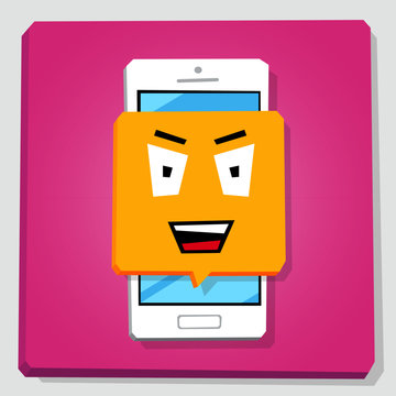 Smartphone 3d isometry flat design vector illustration. Sinister face in notification window on mobile phone screen. Wicked emoji. Concept of feedback or chat sticker.
