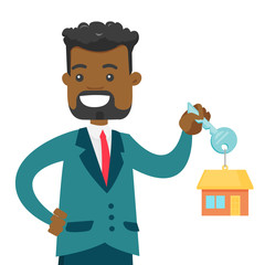 Young happy african-american owner holding key to his new house. Smiling buyer with keys and trinket in the shape of house. Vector cartoon illustration isolated on white background. Square layout.