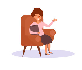 Woman in chair with folder in hands.