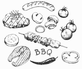 Collection of the barbecue doodles, different objects: drinks, food, meat and vegetables, different tools and instruments, spices etc. Line art illustrations.