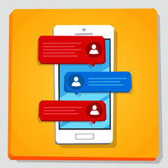 Fototapeta premium Smartphone 3d isometry flat design vector illustration. Speech bubbles with user avatar and message on mobile phone screen. Concept of messenger app, chat, feedback service.