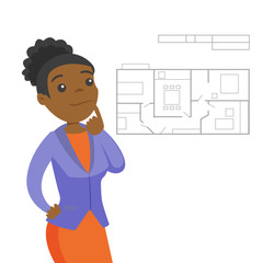 Young african-american woman thinking about blueprint of new apartment. Female designer working on home interior design. Vector cartoon illustration isolated on white background. Square layout.