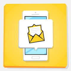 Smartphone 3d isometry flat design illustration. Window with new inbox email notification on mobile phone screen. Envelope icon. Open letter, unread message. Concept of mail app.