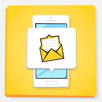 Smartphone 3d isometry flat design illustration. Window with new inbox email notification on mobile phone screen. Envelope icon. Open letter, unread message. Concept of mail app.