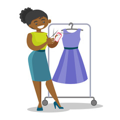 Young african-american woman removing price tag off new dress. Happy woman cutting price tag off new cloth with scissors. Vector cartoon illustration isolated on white background. Square layout.