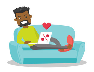 Young african-american man using laptop computer for online shopping. Smiling man lying on the couch and making online shopping order on sale. Vector cartoon illustration isolated on white background.