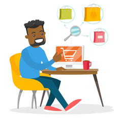 Young african-american man using computer for online shopping. Happy man doing online shopping at home. Guy buying on internet. Vector cartoon illustration isolated on white background. Square layout.