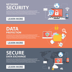 Network Security, Data Protection, Secure Data Exchange flat icons banner template