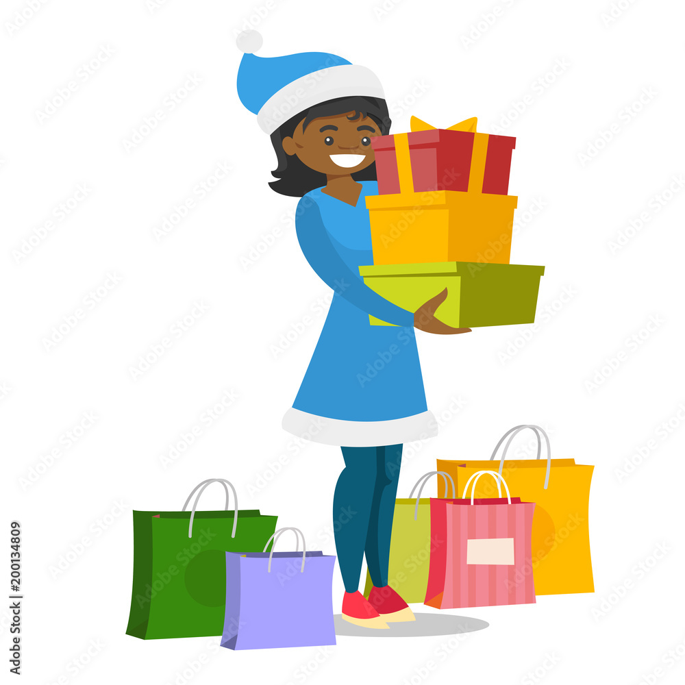 Canvas Prints african-american woman in santa hat standing among shopping bags and holding gift boxes