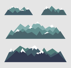 Fototapeta premium Zestaw krajobrazów gór w geometrycznym stylu. Trójkątne grzbiety ze śniegiem na szczytach. Ilustracji wektorowych.